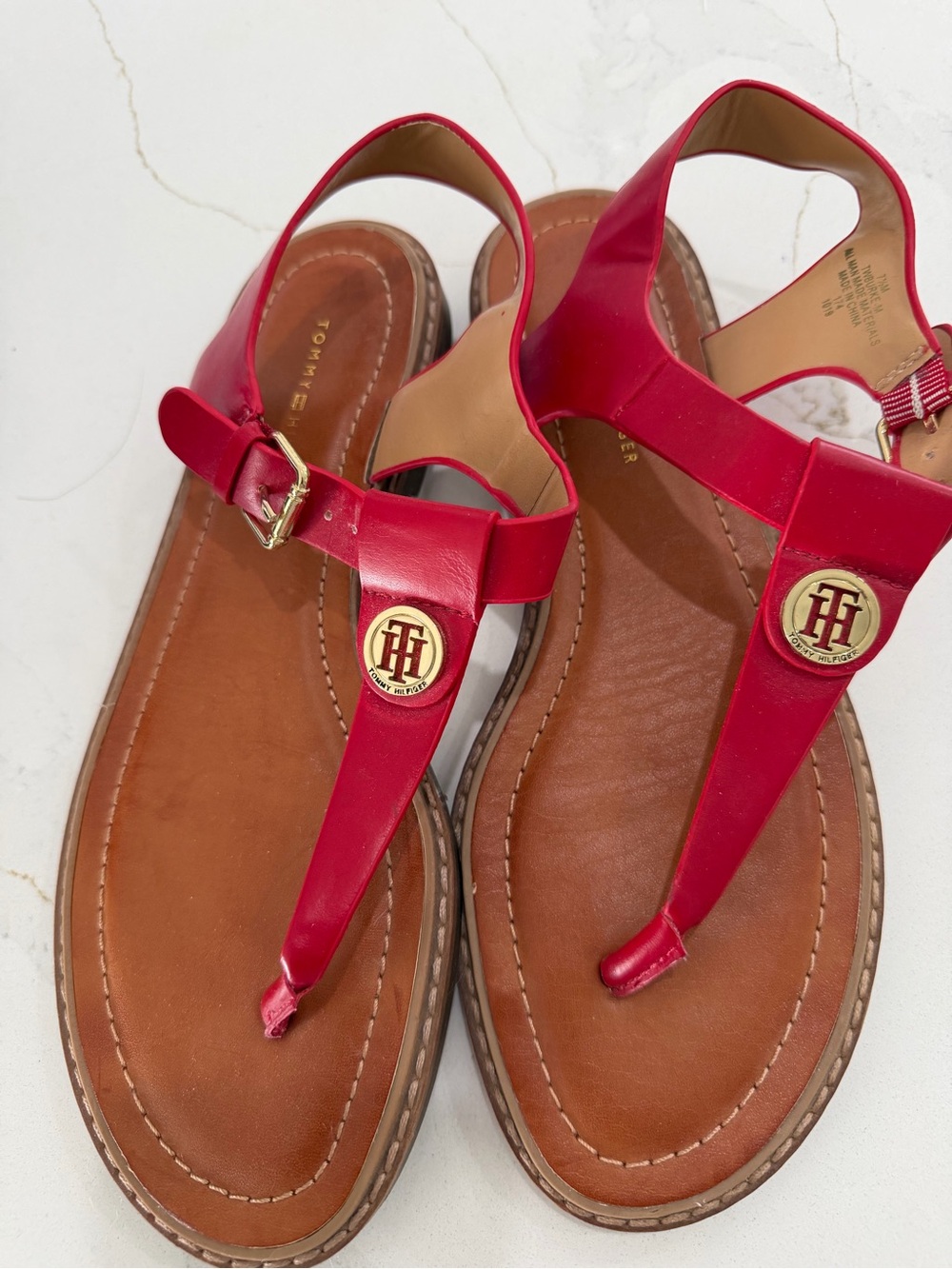 Tommy Hilfiger Red Leather T-Strap Logo Sandals